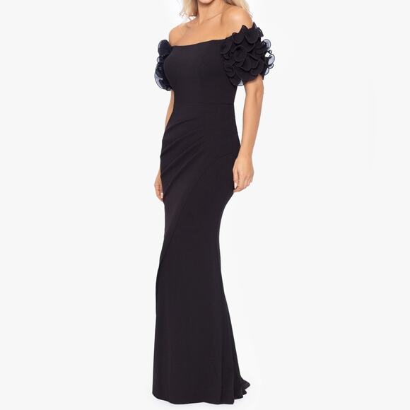 XSCAPE “Ashlyn” Long Scuba Crepe Off the Shoulder Wire Flower Gown Black Sz 10 - Picture 3 of 10